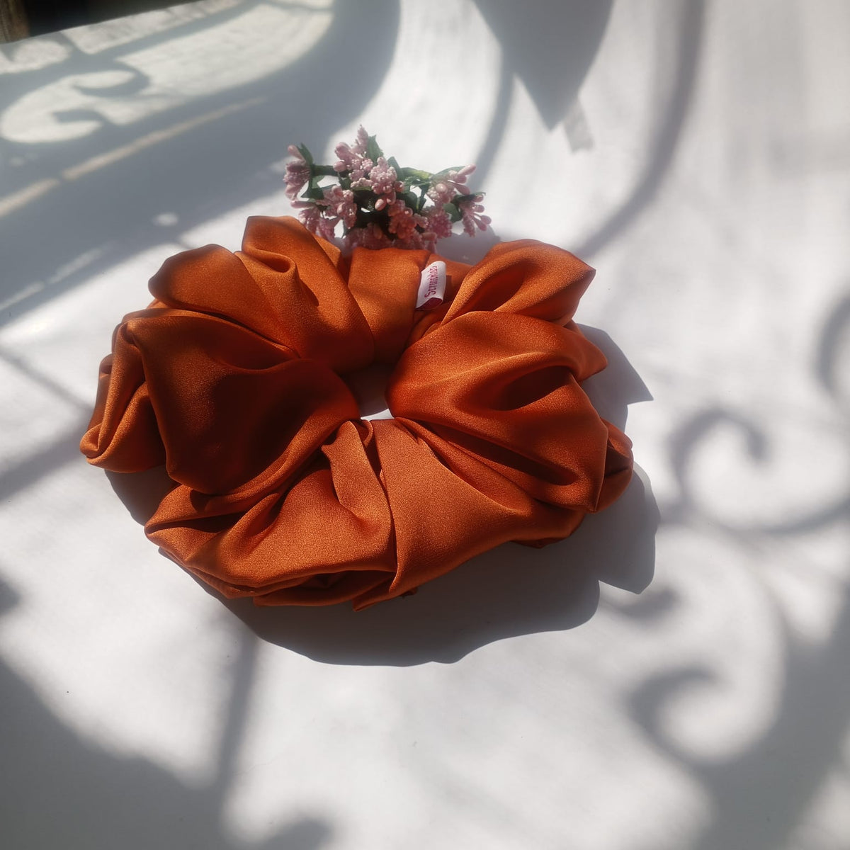 Scranchlab Rust Silk Scrunchie - full flat lay