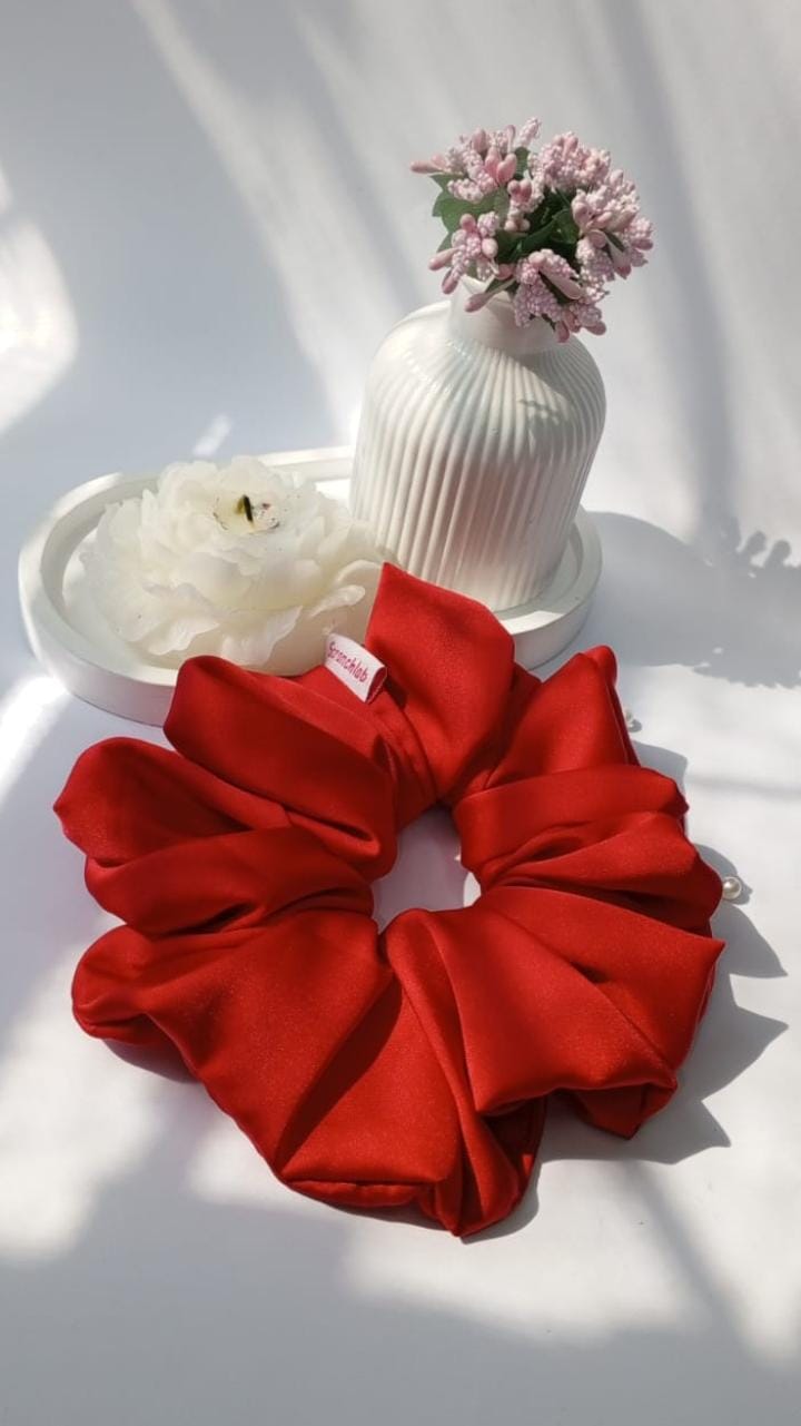 Scranchlab Cherry Red Silk Scrunchie with white flower and vase