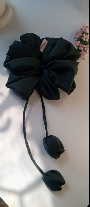Scranchlab Black Tulip Silk Scrunchie with dangling tulip buds - top view