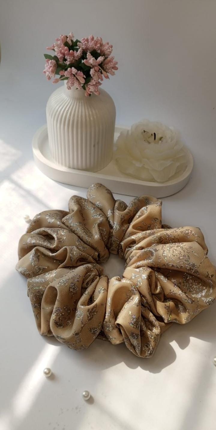 Scranchlab Muted Shimmer Silk Scrunchie - full view with flowers and pearls